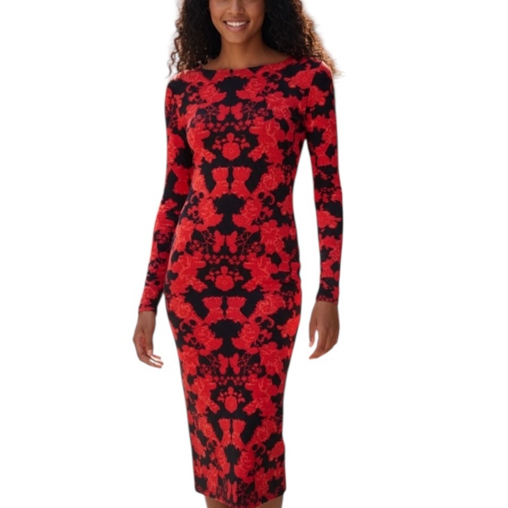 Philosophy Red & Black Print Body Con Midi Dress Size S